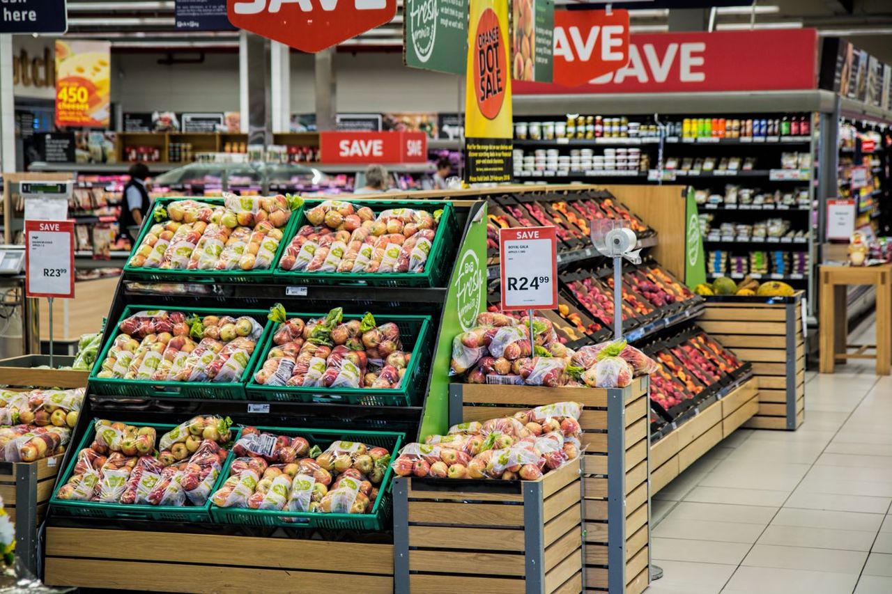 Supermarket aisle during a retail store audit of availability and promotions